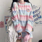 Harajuku Embroidery Striped Oversized Long Sleeve T-Shirt